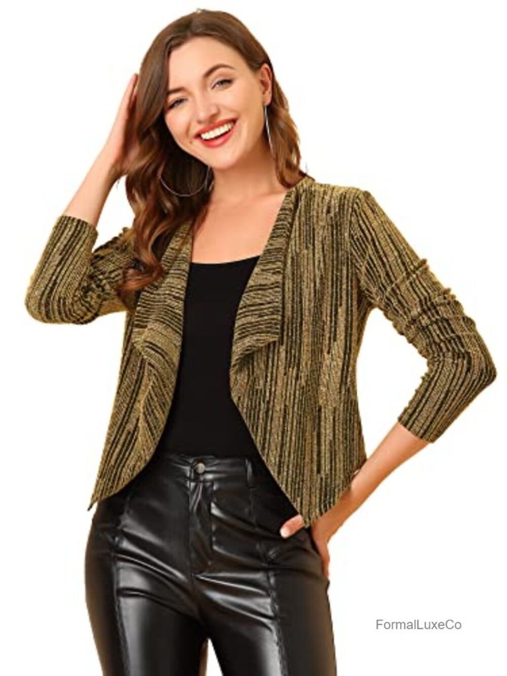 Glitter Open Front Cropped Cardigan Long Sleeve Party Layer